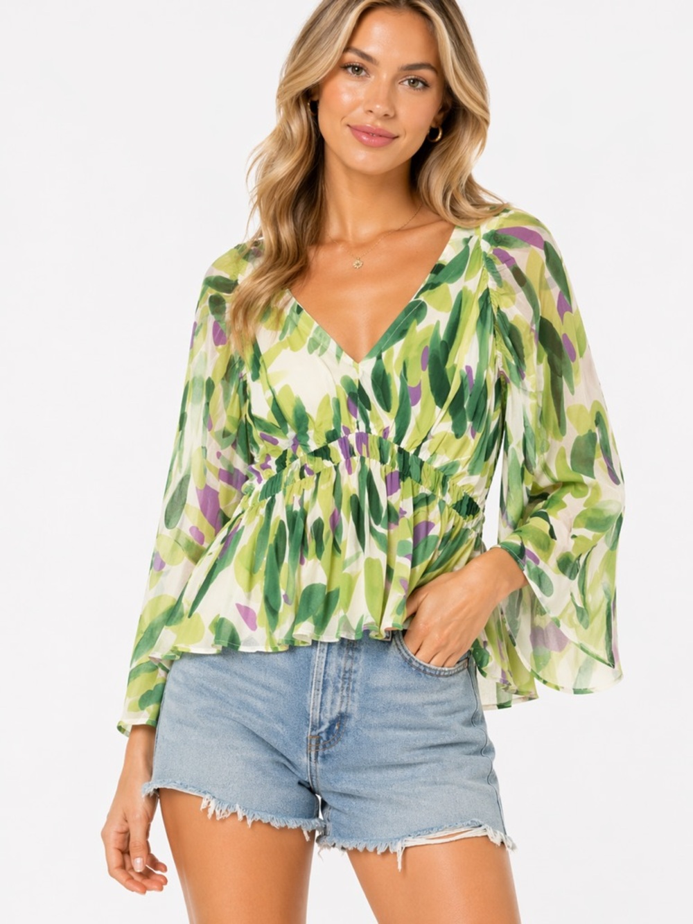 Entro Size Large Floral Green and Purple Women's‎ Babydoll Peplum VNeck Top